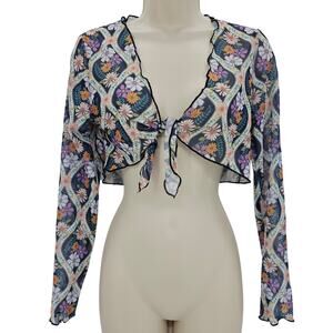 Cupshe Womans size M Floral Sheer Ruffle Wrap Micro Mesh Tie Front Top White NEW